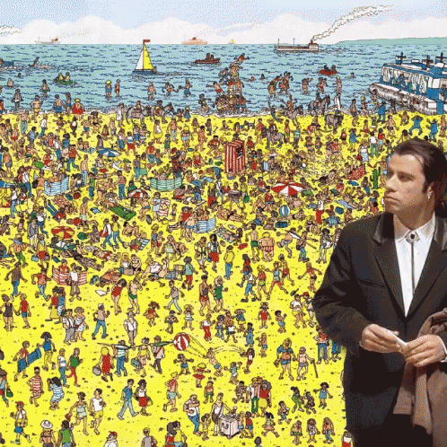 A Man In A Suit Stands In Front Of A Cartoon Of A Crowded Beach GIF