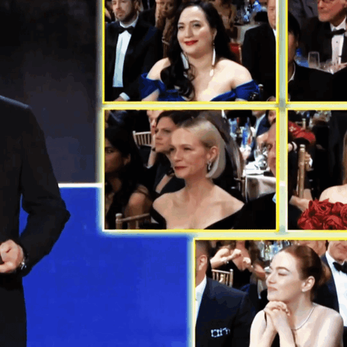 A Man In A Suit Stands In Front Of A Collage Of Images Of People GIF