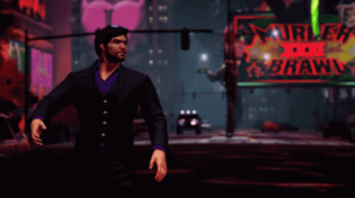 A Man In A Suit Stands In Front Of A Neon Sign That Says I Don T Make Threats GIF