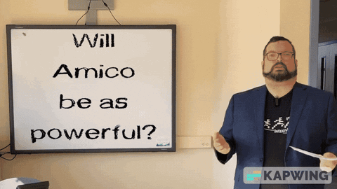 A Man In A Suit Stands In Front Of A Whiteboard That Says Will Amico Be As Powerful GIF