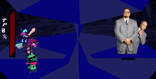 A Man In A Suit Stands Next To A Cartoon Character With A Tp Of 8 % GIF