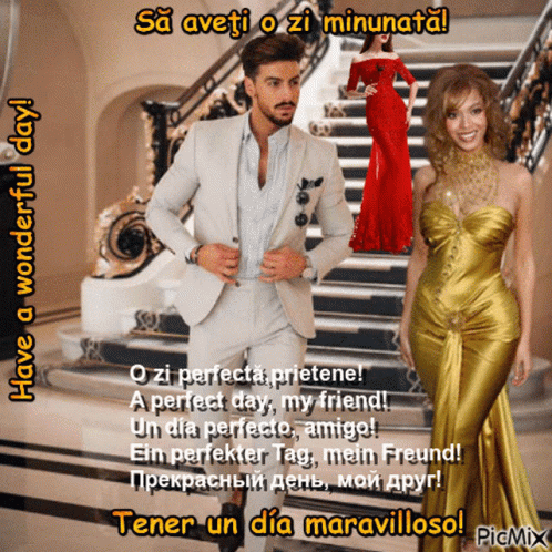 A Man In A Suit Stands Next To A Woman In A Gold Dress On A Picture That Says " Have A Wonderful Day " GIF