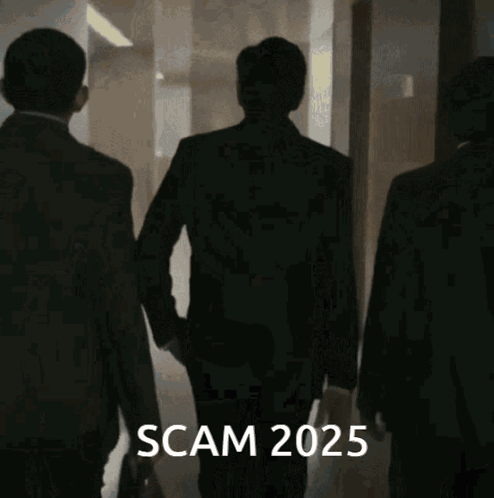 A Man In A Suit Walking Down A Hallway With Scam 2025 Written On The Bottom GIF