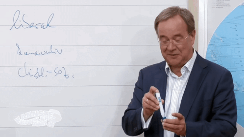 A Man In A Suit Waves In Front Of A Whiteboard That Has The Word Lisbach Written On It GIF