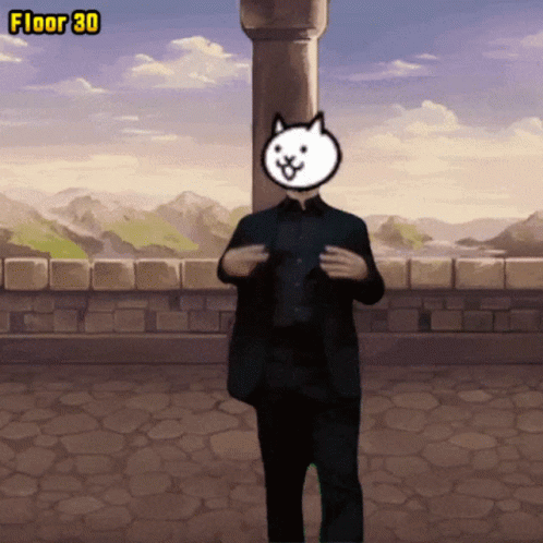 A Man In A Suit With A Cat On His Head Is Standing In Front Of A Pillar With The Words Floor 30 Below Him GIF