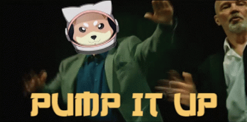 A Man In A Suit With A Dog On His Head And The Words Pump It Up Behind Him GIF