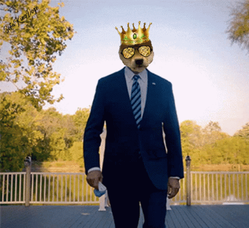 A Man In A Suit With A Dog 'S Head And A Crown On It GIF