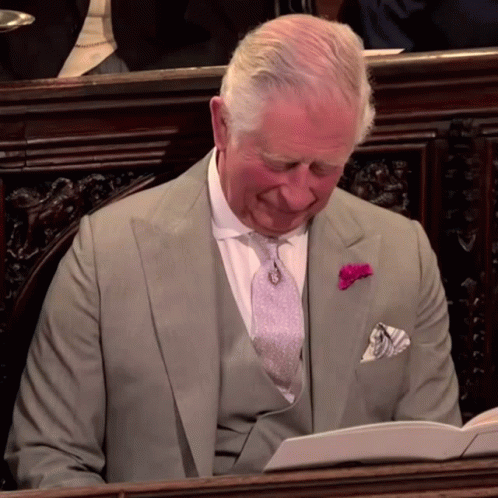 A Man In A Suit With A Pink Pocket Square Is Reading A Book GIF
