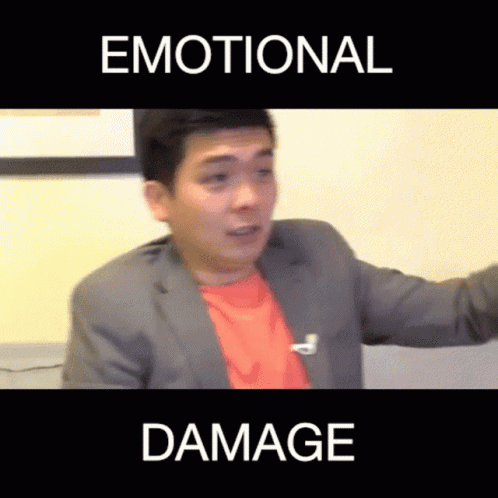A Man In A Suit With The Words Emotional And Damage Behind Him GIF