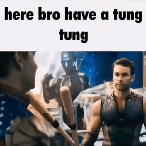 A Man In A Superhero Costume Holds A Baseball Bat And Says Here Bro Have A Tung Tung . GIF