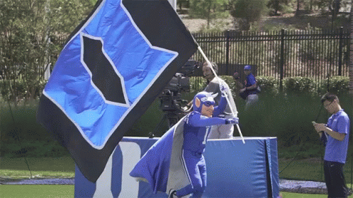 A Man In A Superhero Costume Holds A Blue And Black Flag With A Cat On It GIF