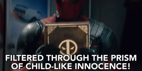 A Man In A Superhero Costume Is Holding A Book With The Words Filtered Through The Prism Of Child-Like Innocence GIF