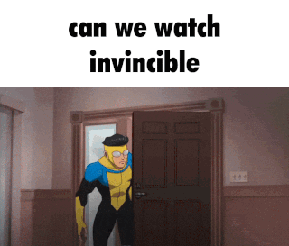 A Man In A Superhero Costume Is Standing In A Doorway With The Words Can We Watch Invincible Below Him GIF