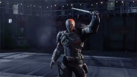 A Man In A Superhero Costume Is Standing In Front Of A Sign That Says Deck GIF