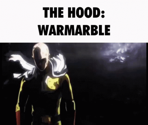 A Man In A Superhero Costume Is Standing In The Dark With The Words The Hood : Warmarble Above Him . GIF