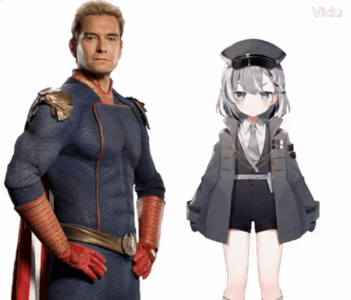 A Man In A Superhero Costume Stands Next To A Girl In A Uniform GIF