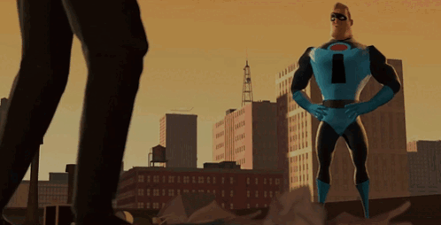 A Man In A Superhero Costume With A Letter I On His Chest GIF