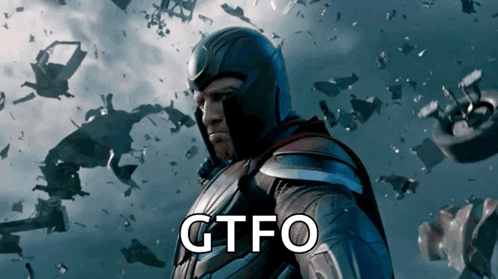 A Man In A Superhero Costume With The Word Gtfo On The Bottom Right GIF