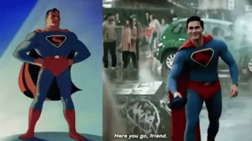 a man in a superman costume is standing next to a picture of a man in a superhero costume .