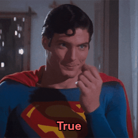 A Man In A Superman Costume Says True GIF