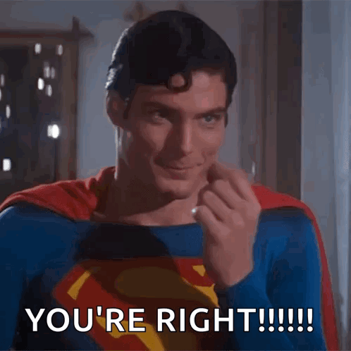 A Man In A Superman Costume Says " You 'Re Right " While Covering His Mouth GIF