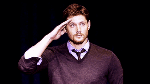 A Man In A Sweater And Tie Salutes In Front Of A Black Background GIF