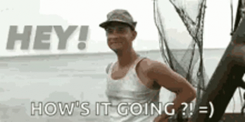 A Man In A Tank Top And Hat Is Standing On A Beach And Says `` Hey ! How 'S It Going ? '' GIF
