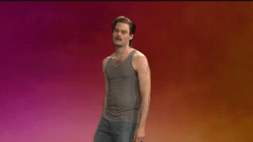 A Man In A Tank Top And Shorts Is Dancing In Front Of A Pink And Orange Background . GIF