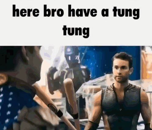 A Man In A Tank Top Is Holding A Baseball Bat While Another Man Looks On . GIF