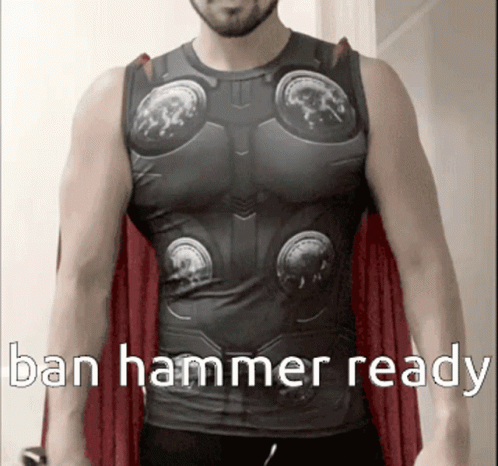 A Man In A Thor Costume With The Words Ban Hammer Ready Behind Him GIF