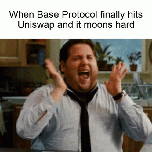 A Man In A Tie Is Screaming In A Kitchen With The Caption " When Base Protocol Finally Hits Uniswap " GIF