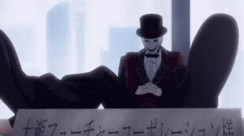 A Man In A Top Hat And Bow Tie Is Sitting In Front Of A Sign That Says ' Corporation ' On It . GIF
