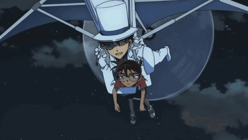 A Man In A Top Hat Is Carrying A Boy In A Parachute GIF