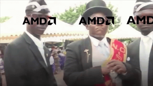 A Man In A Top Hat Is Standing Next To Two Other Men With Amd Written On Them GIF
