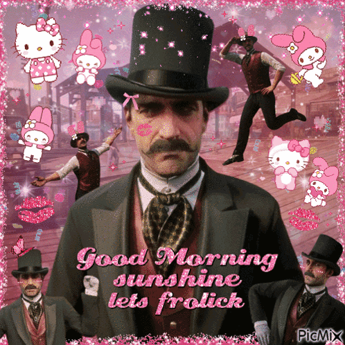 A Man In A Top Hat Says Good Morning Sunshine Lets Frolick On A Pink Background GIF