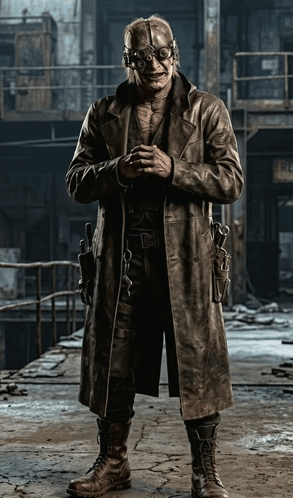 A Man In A Trench Coat And Goggles Is Standing In Front Of A Sign That Says Re GIF