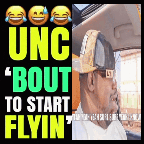 A Man In A Trucker Hat Is Sitting In A Car Next To A Sign That Says " Bout To Start Flyin " GIF