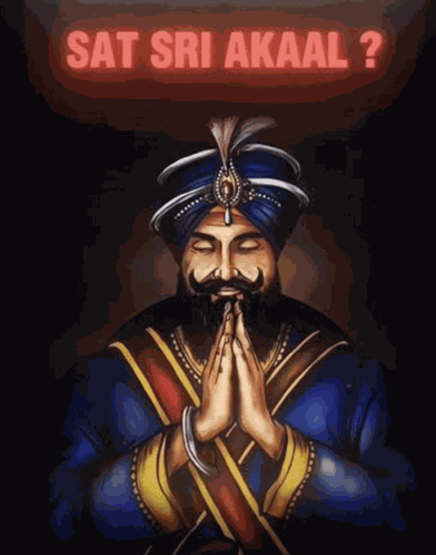 A Man In A Turban Is Praying With The Words Sat Sri Akaal Behind Him GIF