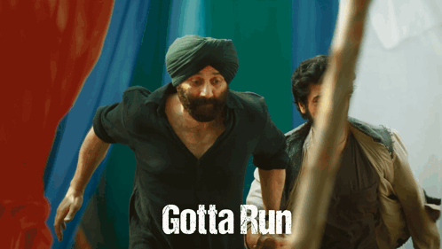A Man In A Turban Is Running With The Words Gotta Run Written On The Bottom GIF