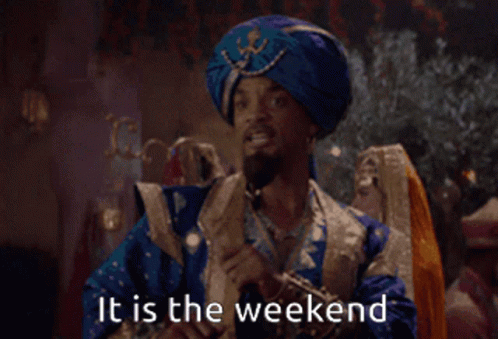 A Man In A Turban Is Talking On A Cell Phone With The Words " It Is The Weekend " Above Him GIF