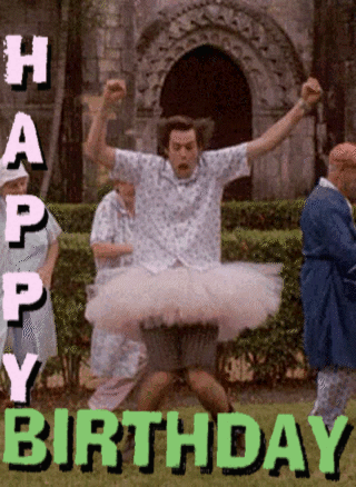 A Man In A Tutu Is Jumping In The Air And Says Happy Birthday GIF