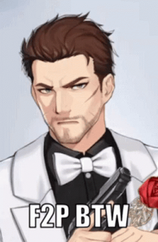A Man In A Tuxedo And Bow Tie Is Holding A Gun And A Rose With The Words F2p Btw Below Him GIF