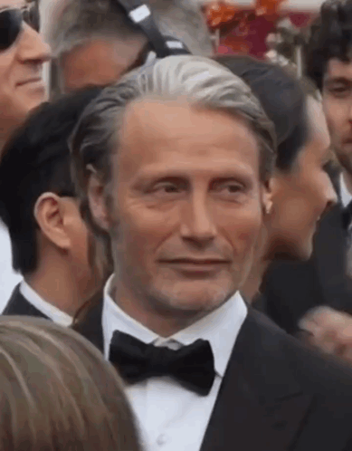 A Man In A Tuxedo And Bow Tie Is Standing In A Crowd Of People . GIF