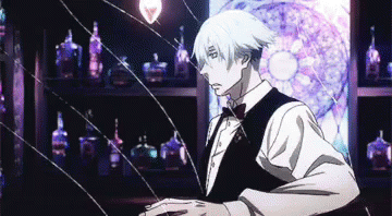 A Man In A Tuxedo And Bow Tie Is Standing In Front Of A Broken Glass Window . GIF