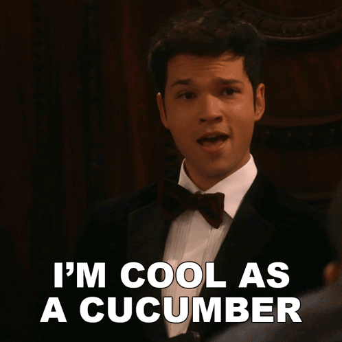 A Man In A Tuxedo And Bow Tie Says I 'M Cool As A Cucumber GIF