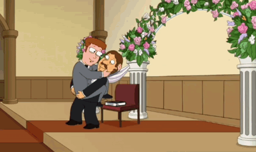 A Man In A Tuxedo Is Carrying Another Man In A Church GIF
