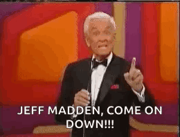 A Man In A Tuxedo Is Giving A Thumbs Up And Saying Jeff Madden Come On Down ! GIF