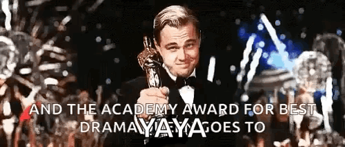 A Man In A Tuxedo Is Holding An Oscar Trophy With The Words " And The Academy Award For Best Drama " Written Below Him GIF