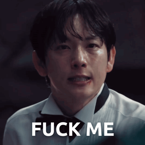 A Man In A Tuxedo Says " Fuck Me " In White Letters GIF
