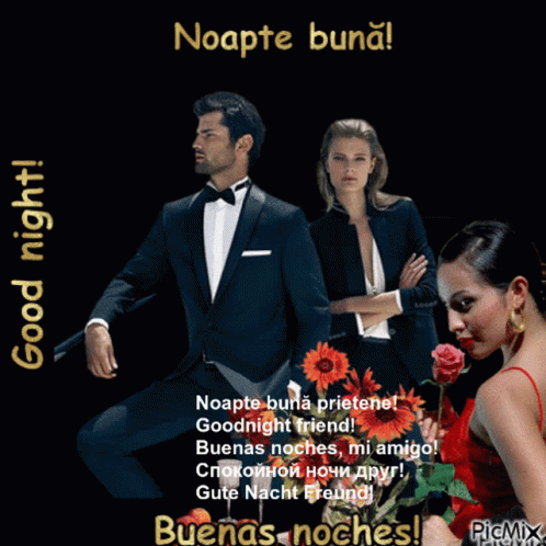 A Man In A Tuxedo Sits Next To A Woman In A Red Dress On A Picture That Says " Good Night " GIF
